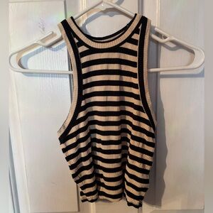 Garage Ribbed Black and Cream Striped Cropped Tank Top